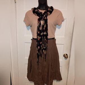 Maurices Brown Skirt With Peach Crop Top, Scarf And Flannel